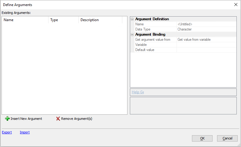 The Define Arguments dialog